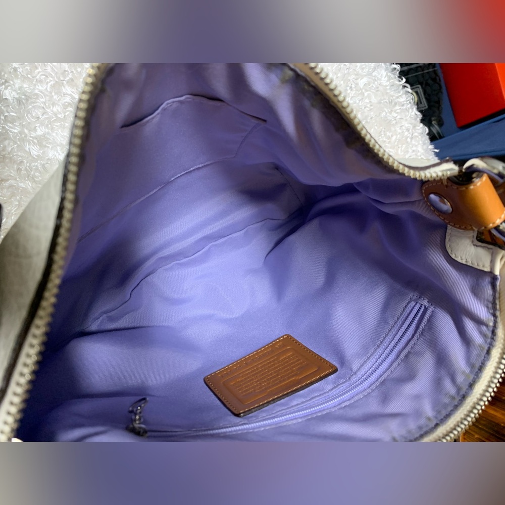 Coach Pebbled Leather Shoulder Bag Cream with Brown Strap, purple interior. - Picture 13 of 16